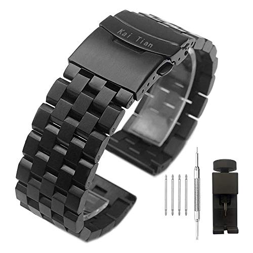Kai Tian 26mm Stainless Steel Bracelet Satin Finish Watch Band with Double Lock Deployment Clasp Push Button Buckle,Black