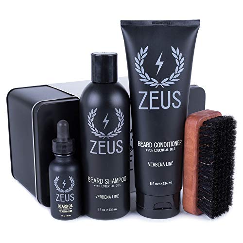 ZEUS Deluxe Beard Wash & Grooming Kit for Men – Natural Beard Oil, Beard Wash Combo & Beard Brush Gift Set (Verbena Lime)