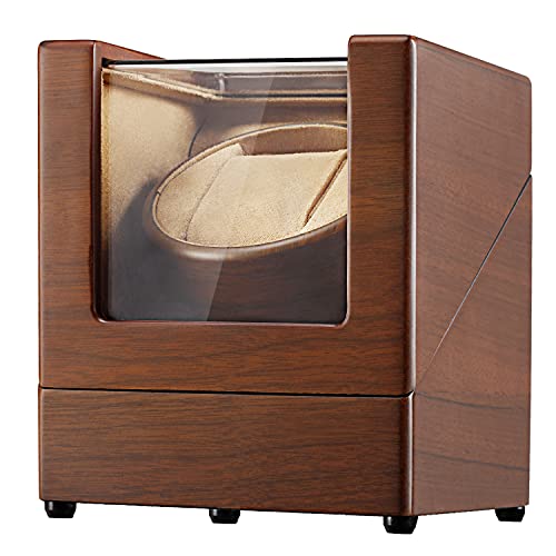CHIYODA Single Wooden Watch Winder with Quiet Motor, Battery Powered or AC Adapter-12 Rotation Modes (Brown)
