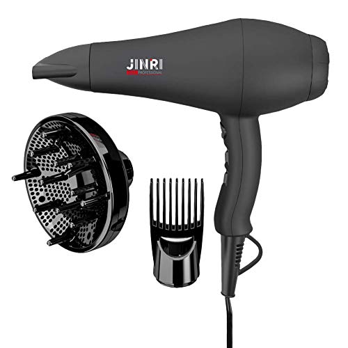 JINRI Infrared Professional Salon Hair Dryer Ionic Hair Dryer with Diffuser & Concentrator Attachments for Curly Hair, Black (Large)