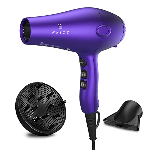Wazor 3rd Generation Lightweight Low Noise Hair Dryer,( 1875W Tourmaline Ceramic Negative Ionic Blow Dryer）2 Speed 3 Heat Settings Cool Shot with Diffuser Concentrator(Purple)
