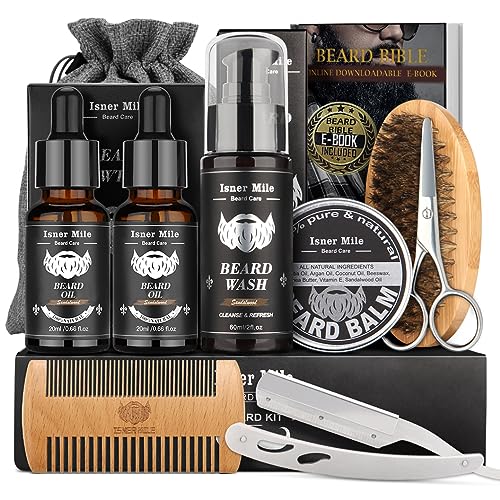 Isner Mile Beard Kit for Men, Grooming & Trimming Tool Complete Set with Shampoo Wash, Beard Care Oil, Balm, Brush, Comb, Scissors & Storage Bag, Perfect Gifts for Him Man Dad Father Boyfriend