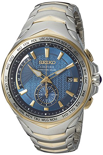 SEIKO SSG020 Watch for Men - Coutura Collection - Solar Powered, Radio Sync Dual Time, World Time Function, Two-Tone Stainless Steel Case & Bracelet, and Water-Resistant to 100m