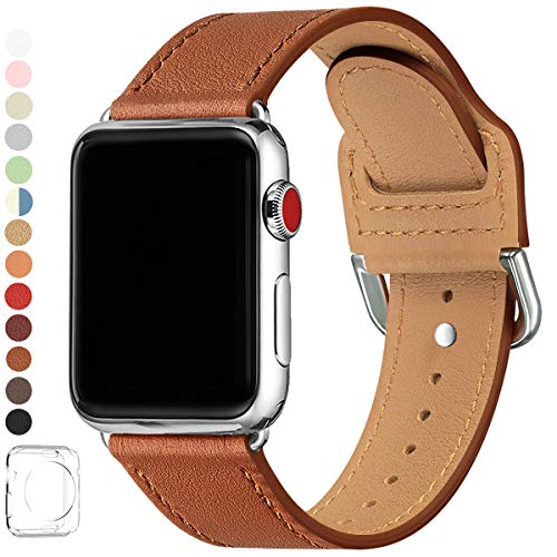 LOVLEOP Bands Compatible with Apple Watch Band 38mm 40mm 44mm 42mm, Top Grain Leather Strap for iWatch Series 5 Series 4 Series 3 Series 2 Series 1 (Brown + Silver Connector, 38mm 40mm)