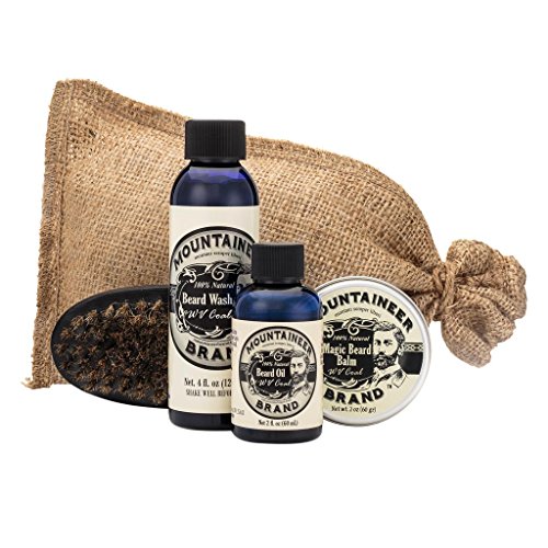 Mountaineer Brand Beard Grooming Care Kit Gifts for Men | Beard Oil (2oz), Conditioning Balm (2oz), Wash (4oz), and Beard Brush | Mustache Growth Kit, Essential Beard Kit for Men | WV Coal Scented