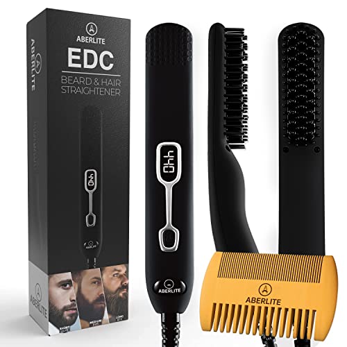 Aberlite EDC - Premium Beard Straightener Brush for Men - Professional Straightening Tool Heated Comb - Beard Kits for Men - Beard Kits Gift Sets Men - Beard Grooming Kit for Men Gift Set (Black)