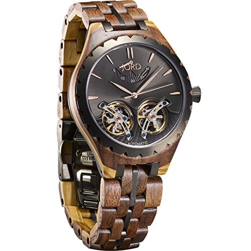 JORD Wooden Watches for Men - Meridian Series Automatic/Wood and Metal Watch Band/Metal Bezel/Self Winding Movement - Includes Wood Watch Box (Dusk Walnut & Olive)