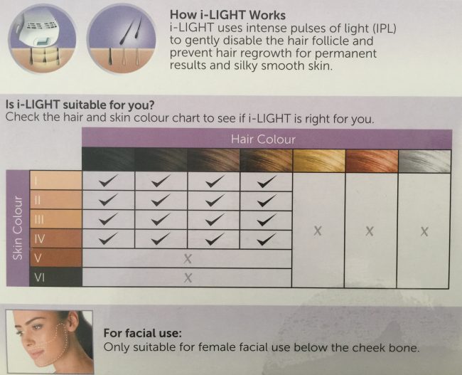 laser hair removal at home - Remington iLight color chart